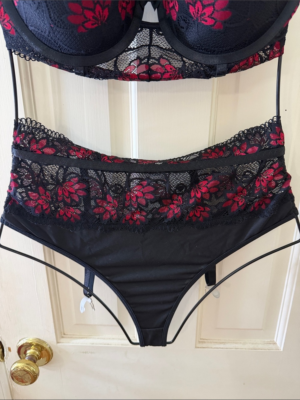 Black & Red Floral Lace Bra and High-Waist Brief Set - Women Intimates - Picture 2 of 8